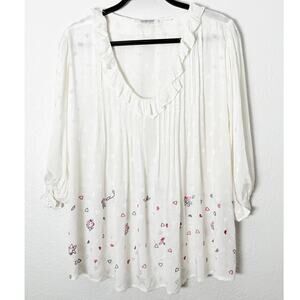 Ellis & Dewey Women's White V Neck Blouse Ruffle Neck Heart Embossed Embroidered